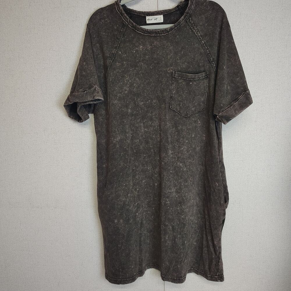 New In 1X Acid Wash T Shirt Dress Grunge Oversized Pocket Y2K Charcoal